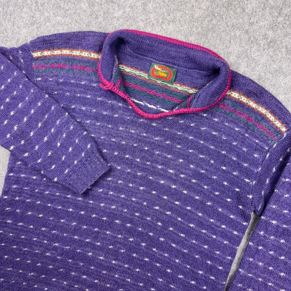 VTG Alps Sweater Women Large Purple Nordic Fair Isle Wool Blend Pullover USA 80s